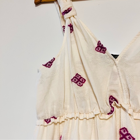 Zara Rustic Dress Womens Large Embroidered Midi Cottagecore Ivory Purple Boho - Picture 12 of 15